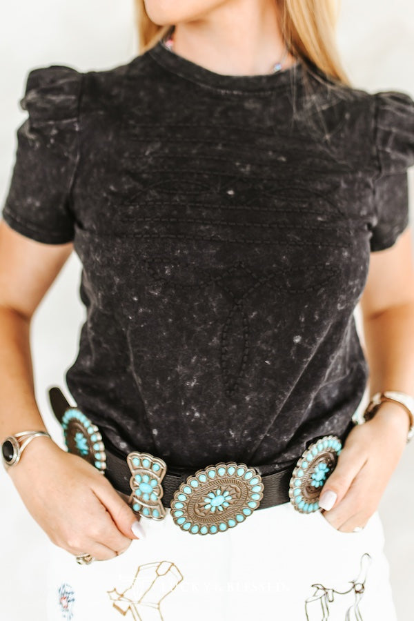 BLACK MINERAL WASH PUFF SLEEVE BOOT STITCH EMBROIDERED SHIRT