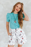 TURQUOISE MINERAL WASH PUFF SLEEVE BOOT STITCH EMBROIDERED SHIRT