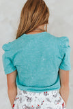 TURQUOISE MINERAL WASH PUFF SLEEVE BOOT STITCH EMBROIDERED SHIRT