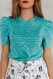 TURQUOISE MINERAL WASH PUFF SLEEVE BOOT STITCH EMBROIDERED SHIRT