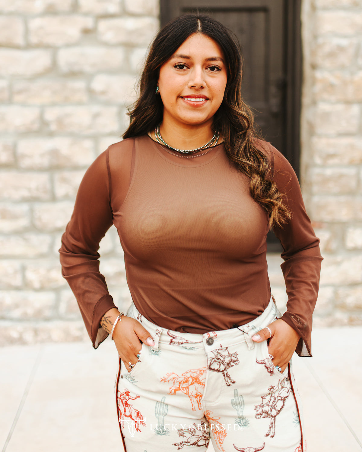 BROWN LONG SLEEVE MESH TOP