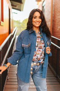 TEAL CORDUROY BUTTON DOWN RHINESTONE FRINGE FRONT POCKET SHACKET