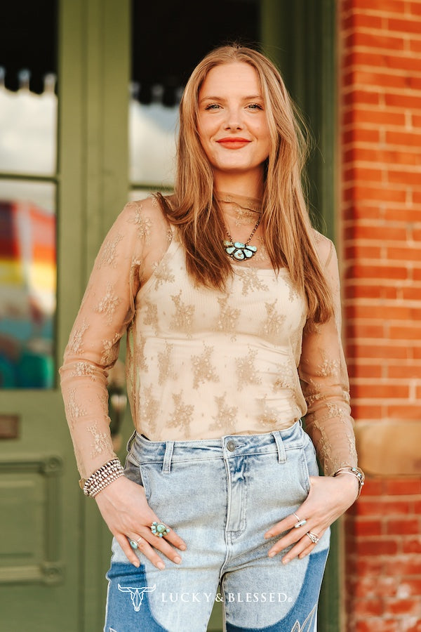TAUPE LACE LONG SLEEVE STRETCH TOP
