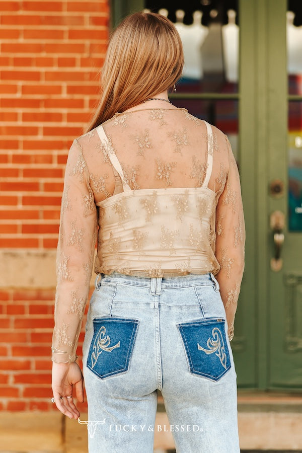 TAUPE LACE LONG SLEEVE STRETCH TOP