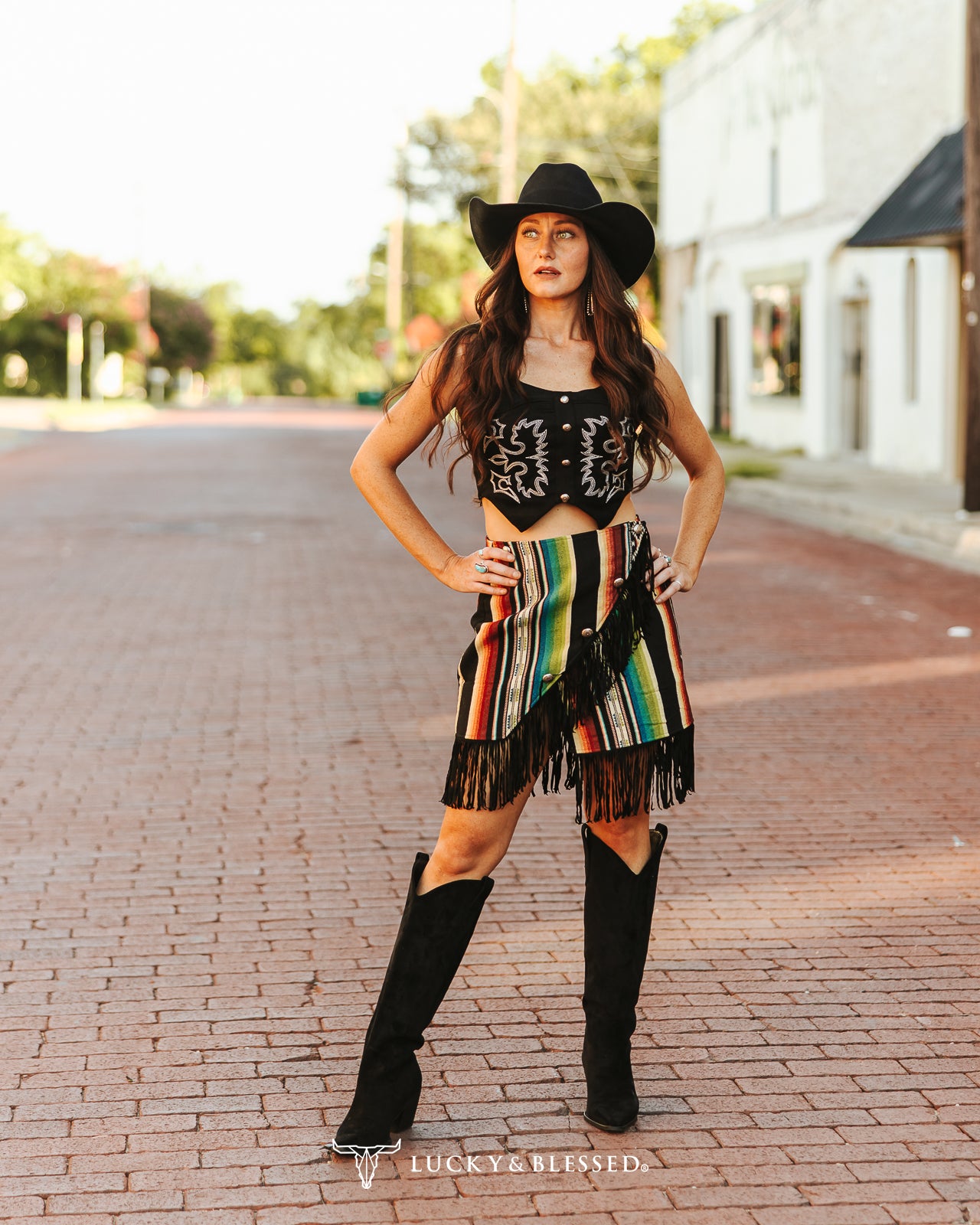 BLACK STRETCH SUEDE-LIKE BOOT STITCH EMBROIDERED BUTTON DOWN CORSET TOP