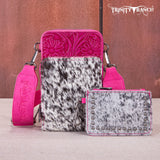 Trinity Ranch Genuine Hair-On Cowhide /Tooled Collection Phone Purse with Coin Pouch -Hot Pink