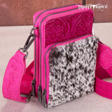 Trinity Ranch Genuine Hair-On Cowhide /Tooled Collection Phone Purse with Coin Pouch -Hot Pink