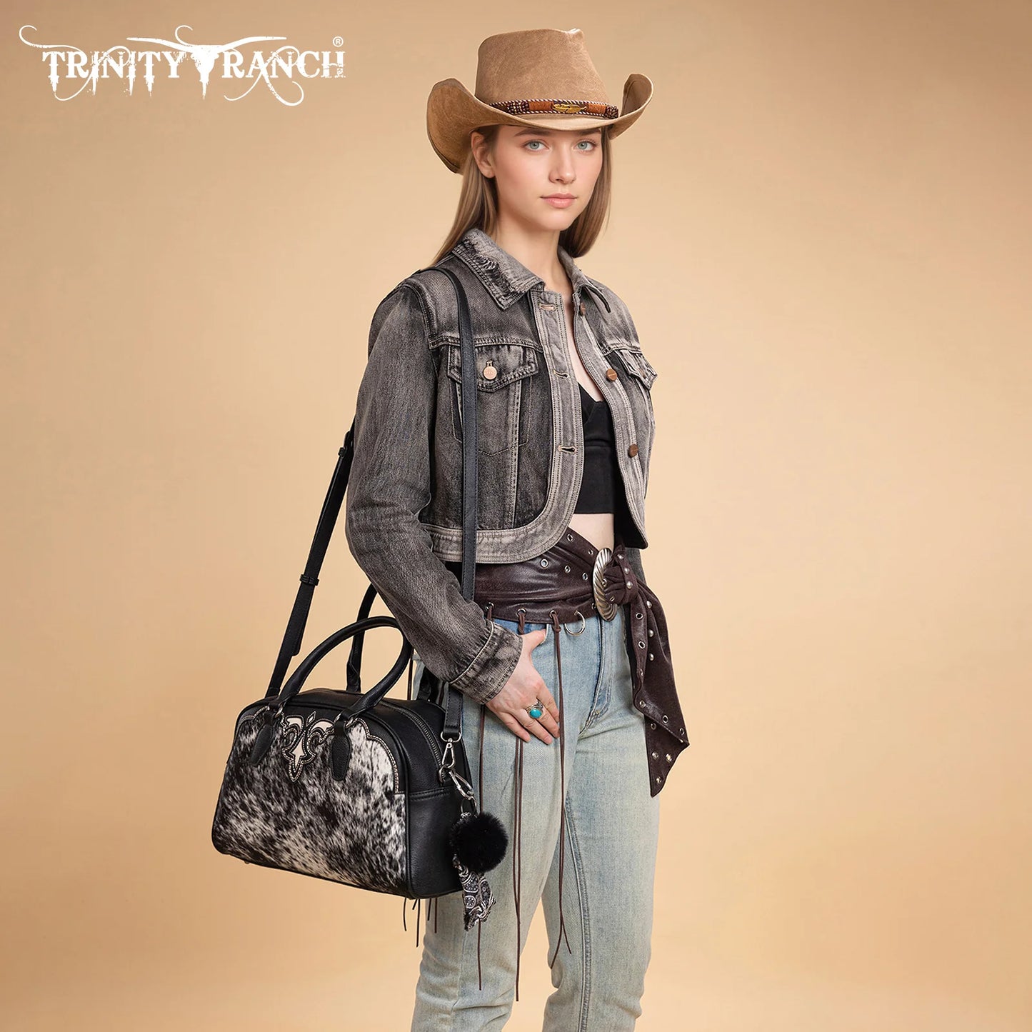 Trinity Ranch Genuine Cowhide Satchel/Crossbody - Black