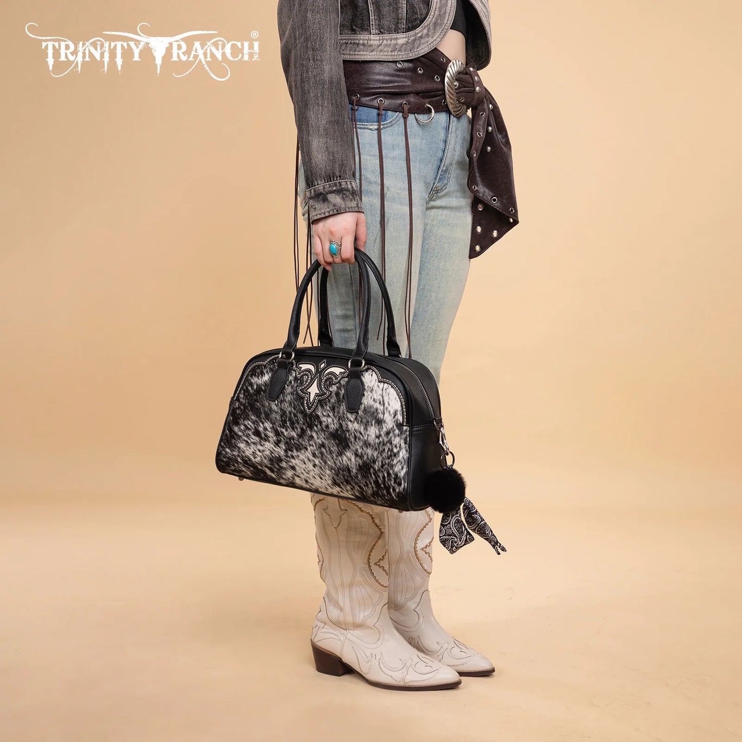 Trinity Ranch Genuine Cowhide Satchel/Crossbody - Black