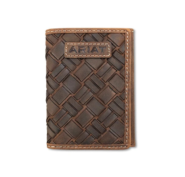 ARIAT TRIFOLD WALLET BASKET WEAVE MEDIUM BROWN
