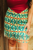 TURQUOISE AZTEC PRINTED FRINGE SKIRT
