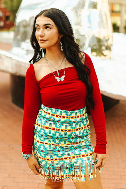 TURQUOISE AZTEC PRINTED FRINGE SKIRT