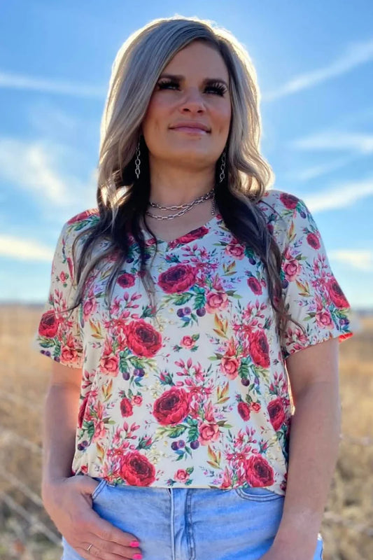 PORCELAIN PETALS V-NECK TOP