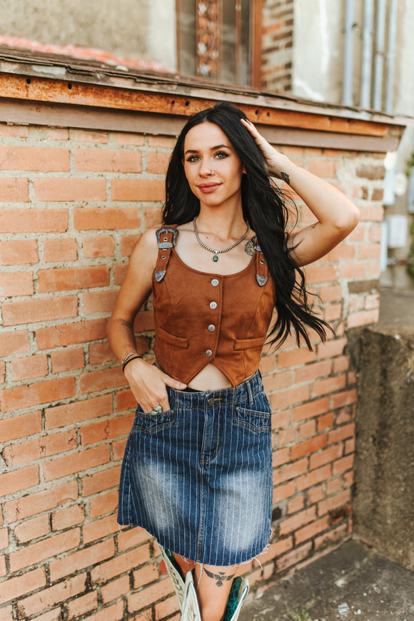 BROWN SUEDE BUCKLE STRAP BUTTON DOWN VEST