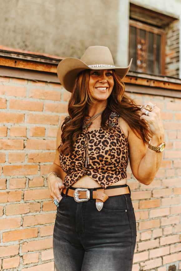 BROWN LEOPARD SUEDE BUCKLE STRAP BUTTON DOWN VEST
