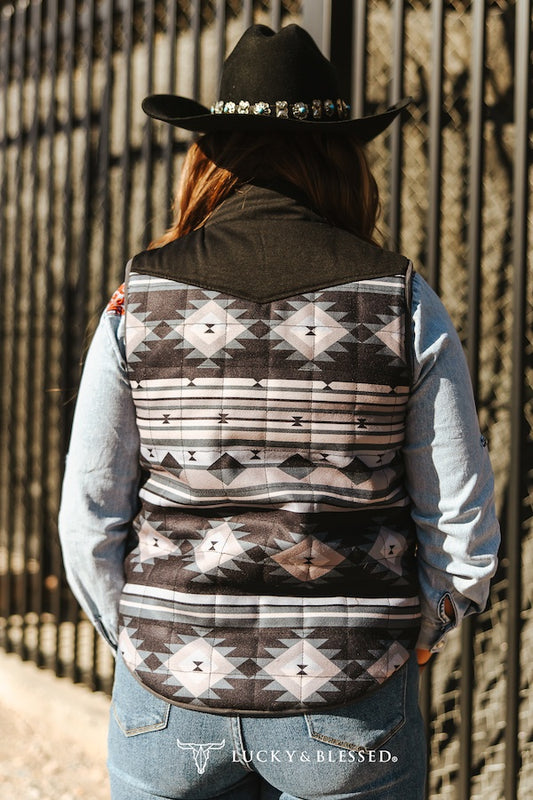 BLACK AZTEC PRINTED QUILTED REVERSIBLE WESTERN YOKE VEST