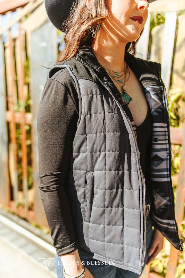 BLACK AZTEC PRINTED QUILTED REVERSIBLE WESTERN YOKE VEST