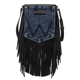 WRANGLER LEATHER FRINGE JEAN DENIM POCKET CROSSBODY - BLACK