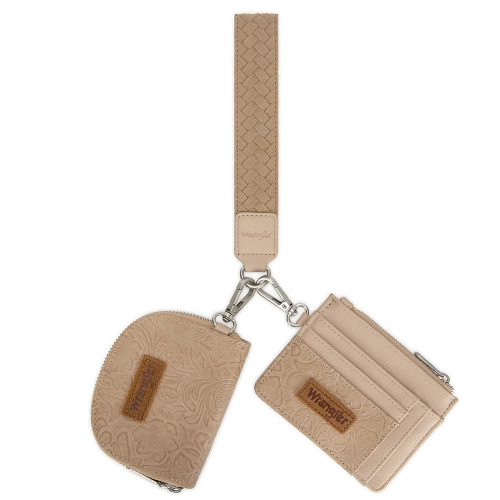 Wrangler Floral Tooled 2‑Piece RFID Wallet Set - Tan