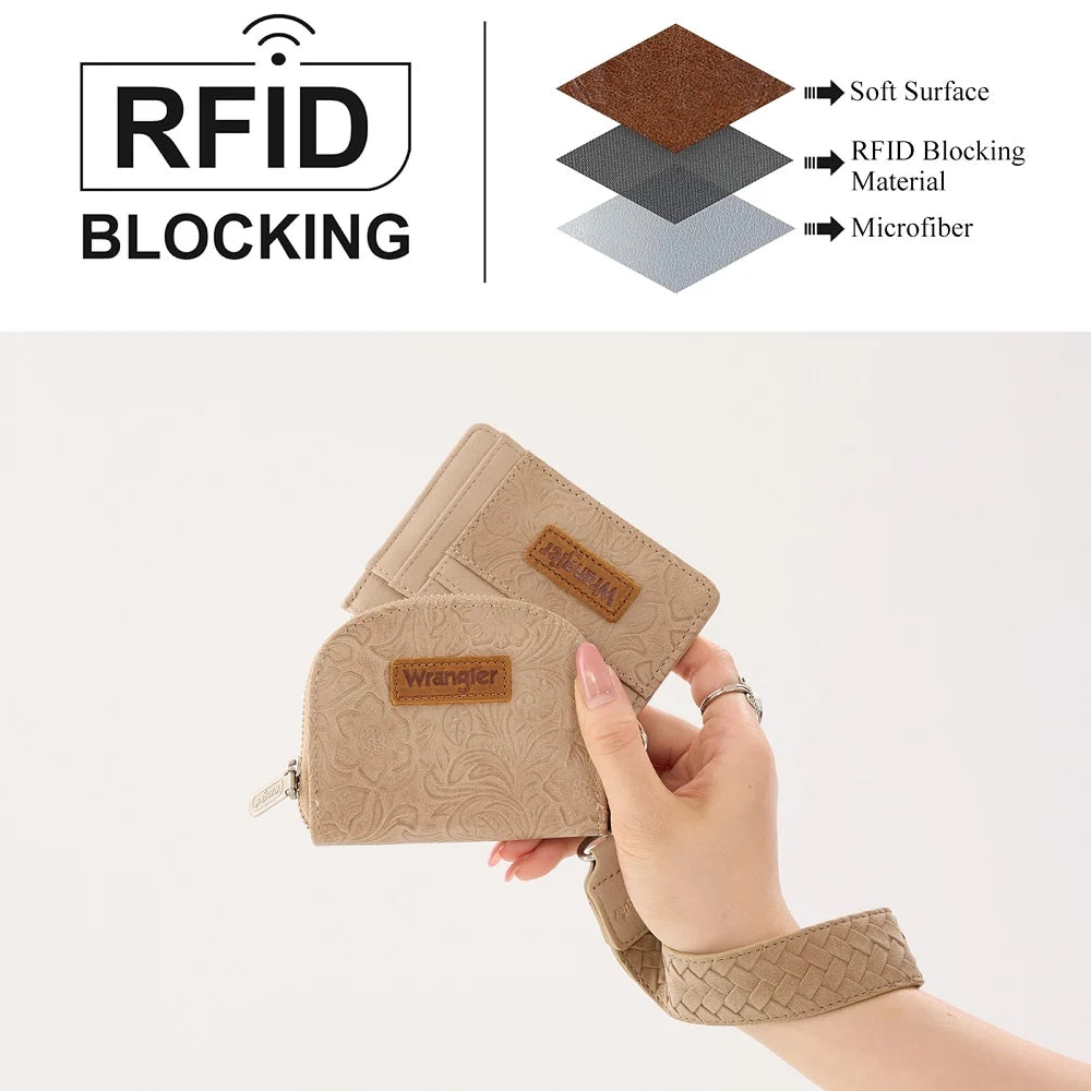 Wrangler Floral Tooled 2‑Piece RFID Wallet Set - Tan