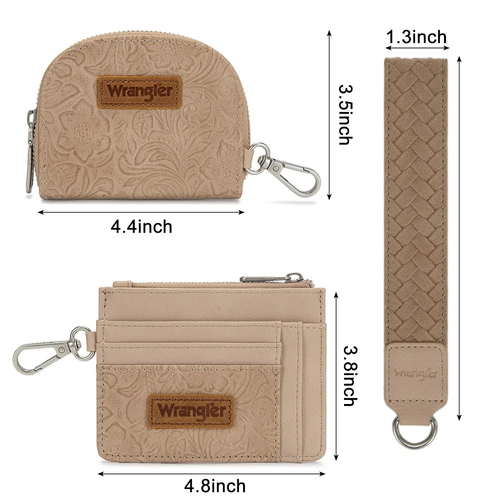 Wrangler Floral Tooled 2‑Piece RFID Wallet Set - Tan