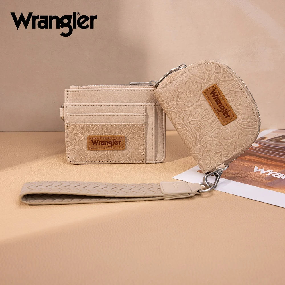 Wrangler Floral Tooled 2‑Piece RFID Wallet Set - Tan