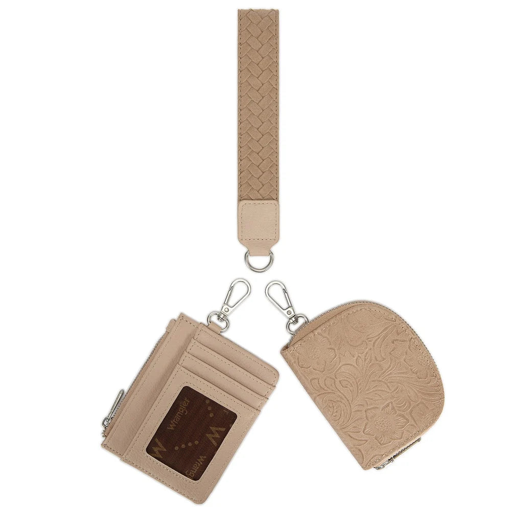 Wrangler Floral Tooled 2‑Piece RFID Wallet Set - Tan