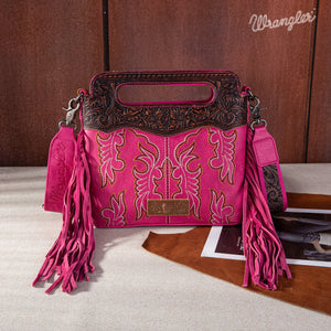 WRANGLER TOP HANDLE EMBROIDERED FRINGE MINI TOTE CROSSBODY - HOT PINK