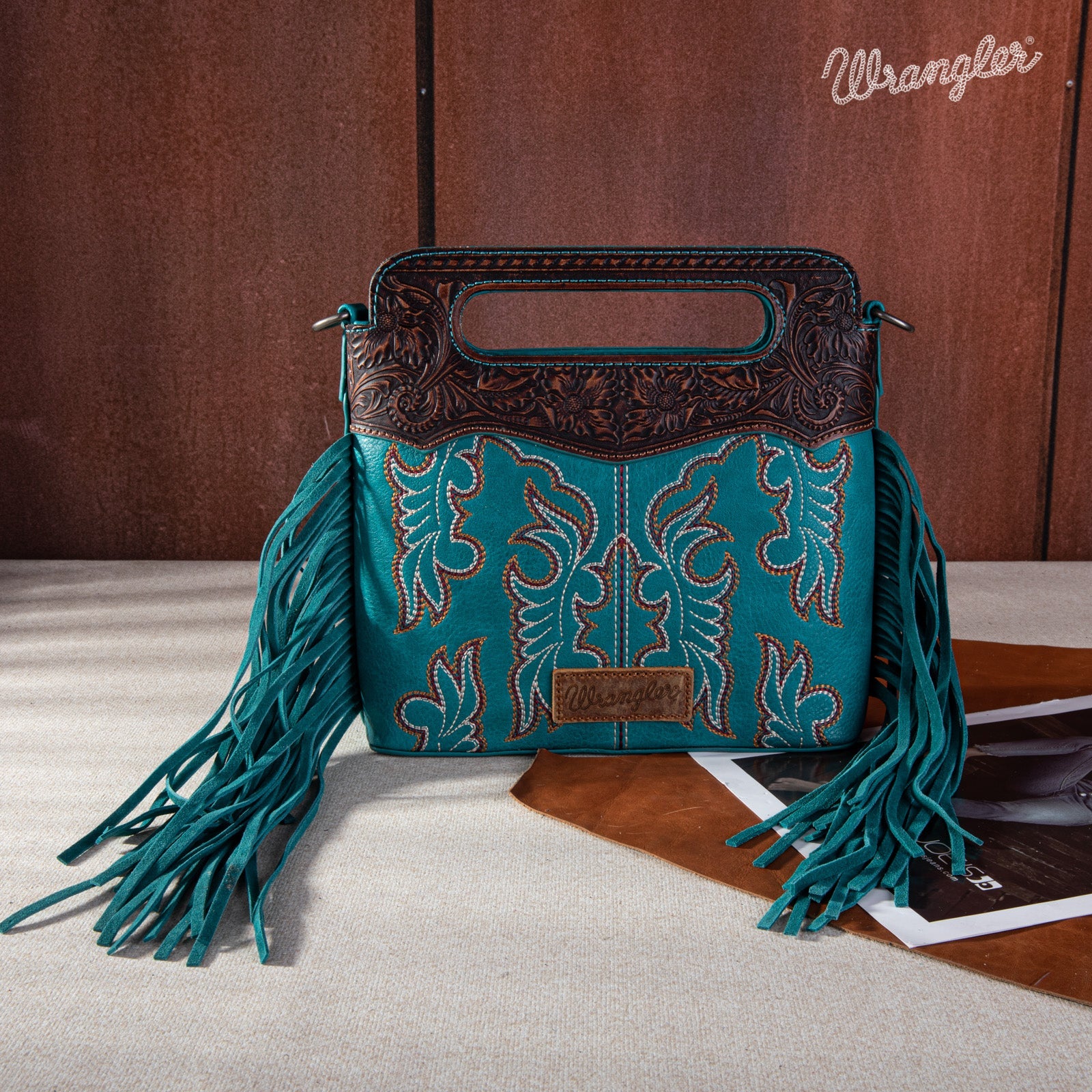 WRANGLER TOP HANDLE EMBROIDERED FRINGE MINI TOTE CROSSBODY TURQUOISE The Chandelier Rose Boutique