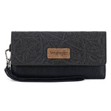 Wrangler Western Floral Tooled Tri-fold RFID Wallet/Wristlet - Black