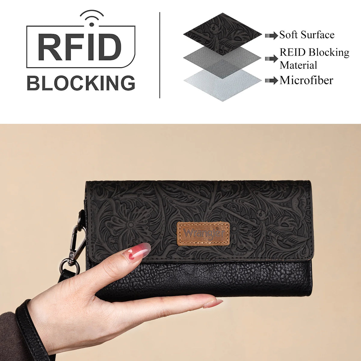 Wrangler Western Floral Tooled Tri-fold RFID Wallet/Wristlet - Black