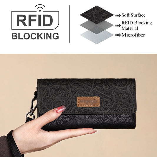 Wrangler Western Floral Tooled Tri-fold RFID Wallet/Wristlet - Black