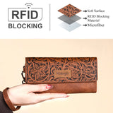 Wrangler Western Floral Tooled Tri-fold RFID Wallet/Wristlet - Brown