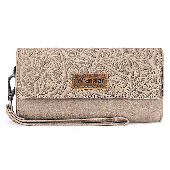Wrangler Western Floral Tooled Tri-fold RFID Wallet/Wristlet - Tan
