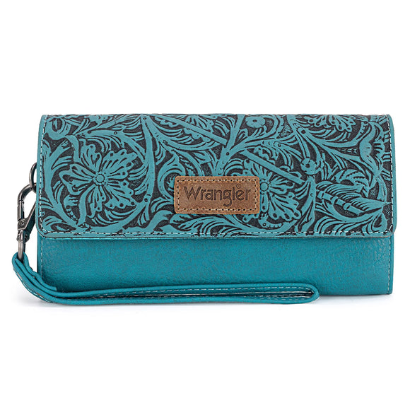 Wrangler Western Floral Tooled Tri-fold RFID Wallet/Wristlet - Turquoise