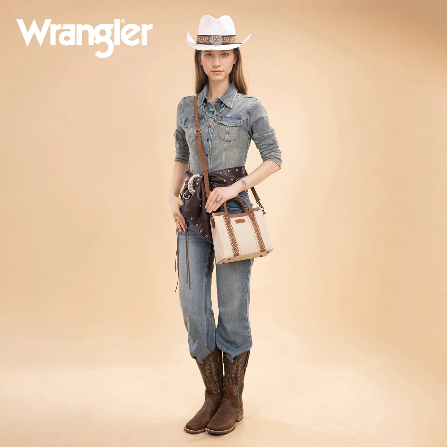 Wrangler Braided Whipstitch Top Handle Small Tote/Crossbody - Beige