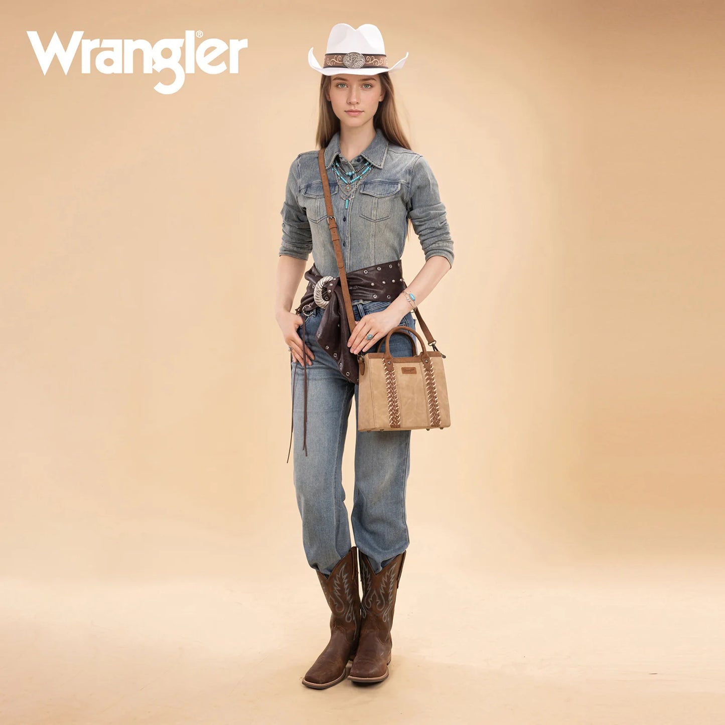 Wrangler Braided Whipstitch Top Handle Small Tote/Crossbody - Tan