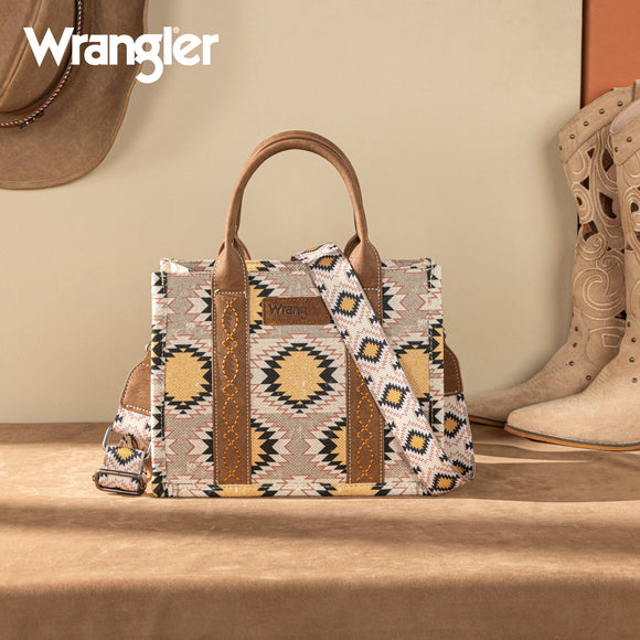 Wrangler Aztec Distressed Print Dual Sided Print -Tote/Crossbody - Beige