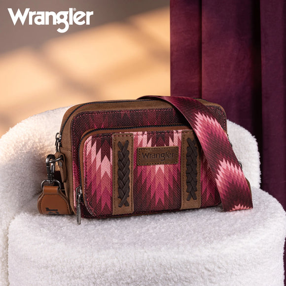 WRANGLER SOUTHWESTERN PATTERN DUAL SIDED PRINT CROSSBODY PURSE - DARK PINK