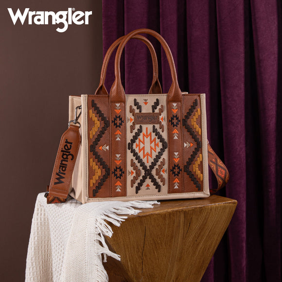 Wrangler Aztec Embroidered Mini Tote/Crossbody - BROWN