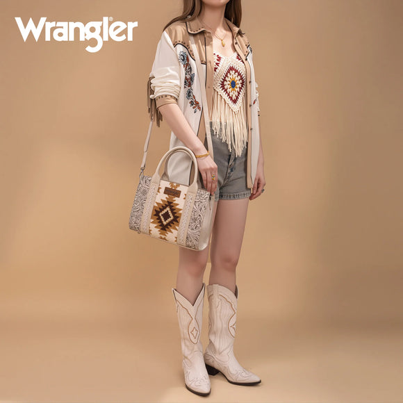 Wrangler Tooled Aztec Pattern Print Concealed Carry Tote/Crossbody - Beige