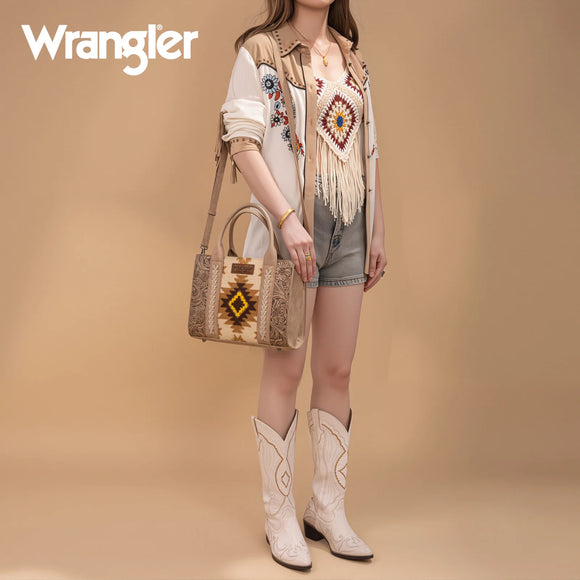 Wrangler Tooled Aztec Pattern Print Concealed Carry Tote/Crossbody - Tan