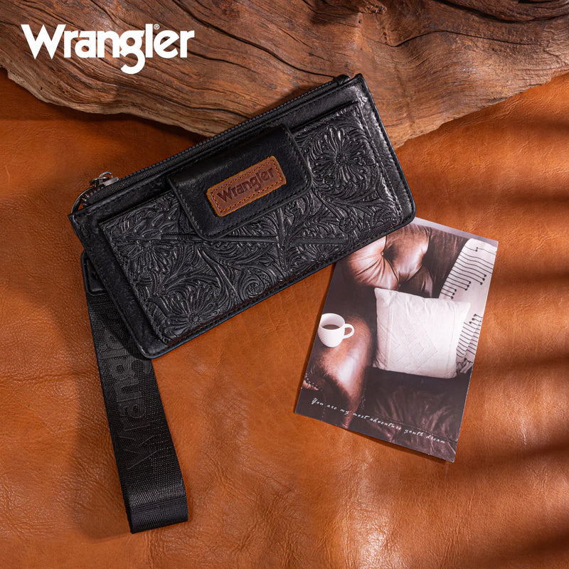 WRANGLER FLORAL TOOLED CARD WALLET WRISTLET - Black