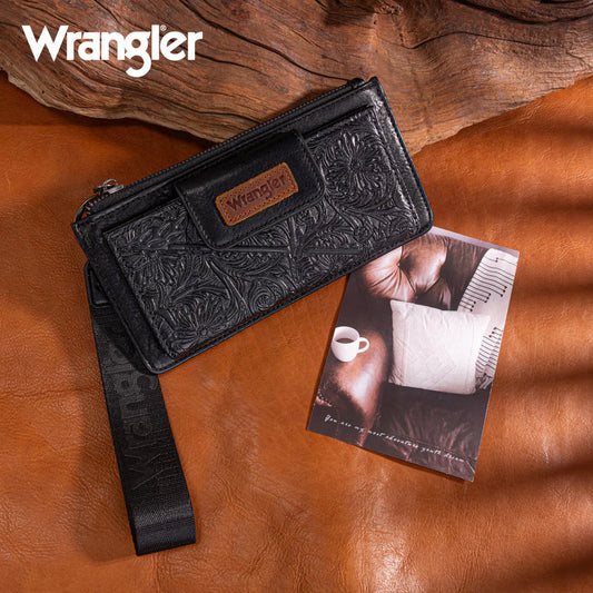 WRANGLER FLORAL TOOLED CARD WALLET WRISTLET - Black