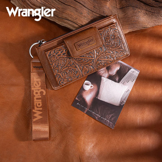WRANGLER FLORAL TOOLED CARD WALLET WRISTLET - Brown