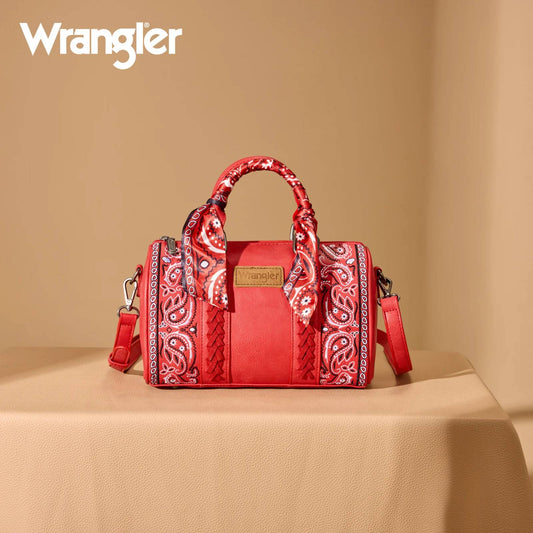 WRANGLER BANDANA PAISLEY PRINT BARREL CROSSBODY BAG - RED