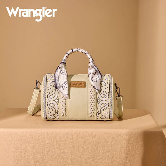 WRANGLER BANDANA PAISLEY PRINT BARREL CROSSBODY BAG - TAN