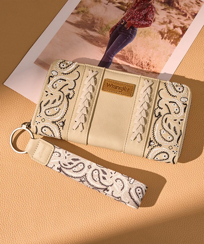 WRANGLER PAISLEY PRINT WRISTLET WALLET - TAN