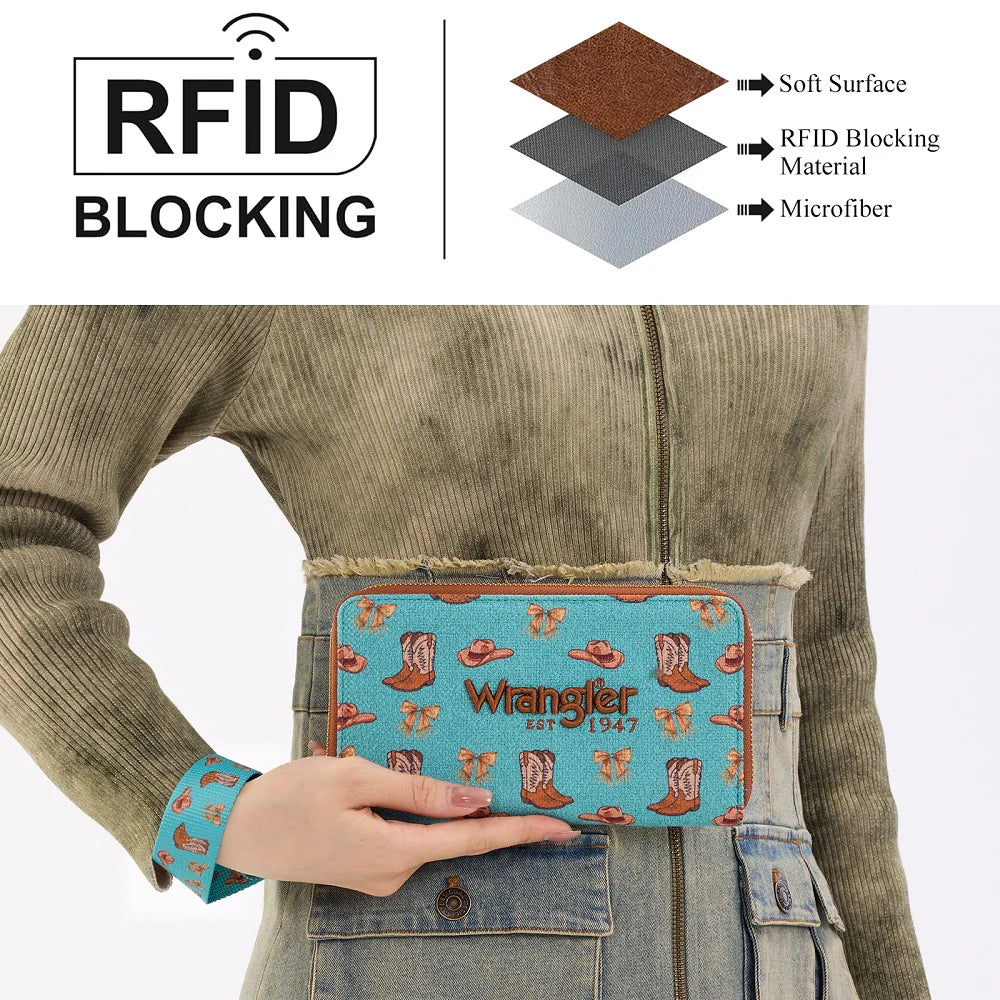 Wrangler Western Print RFID Blocking Zippered Cowgirl Wallet - Turquoise