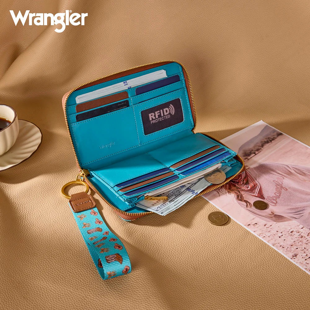 Wrangler Western Print RFID Blocking Zippered Cowgirl Wallet - Turquoise